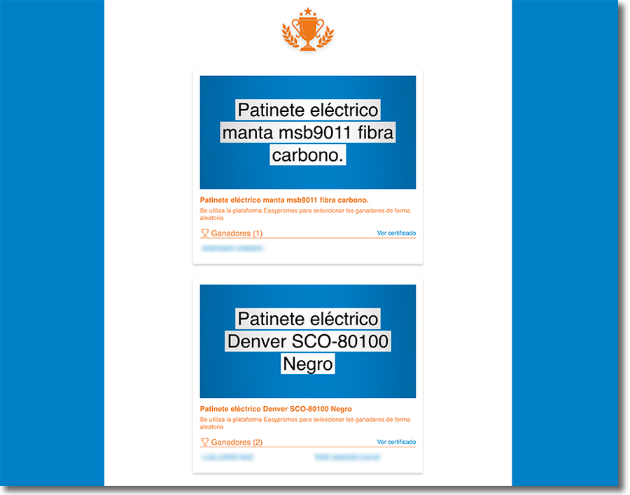 ejemplo de una página de ganadores de una promoción