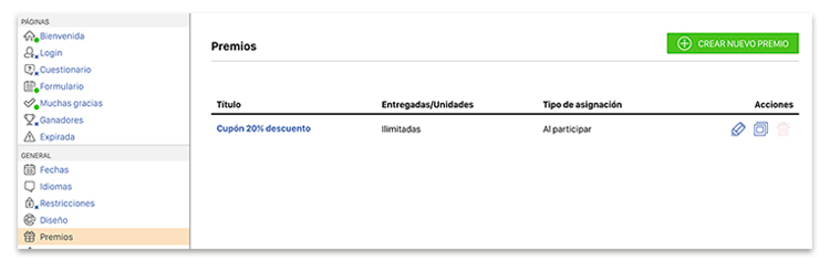 crear cupon como premio