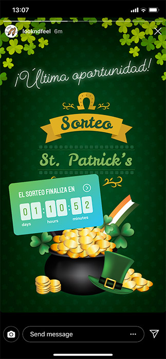 Ejemplo de cómo difundir un sorteo de San Patricio en stories