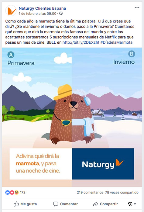ejemplo de sorteo de primavera en facebook de Naturgy