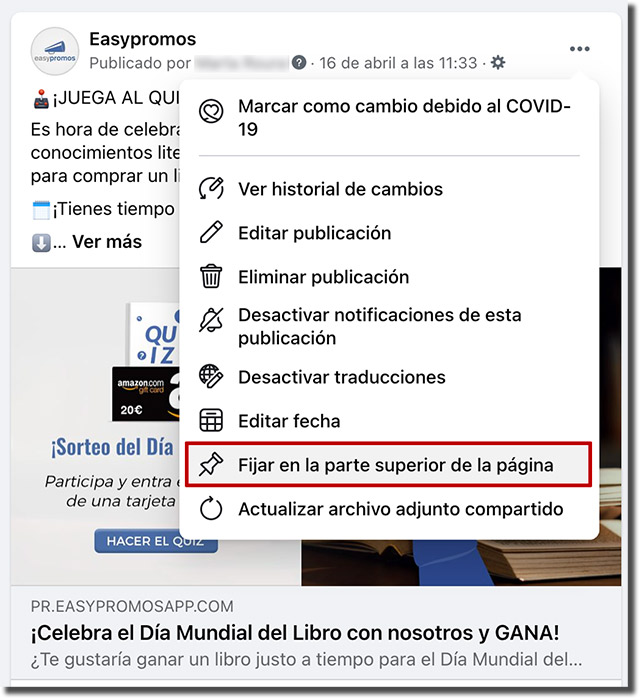 opción fijar post en la parte superior de la página