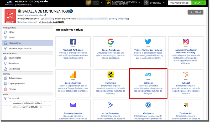 integración Selligent con Easypromos