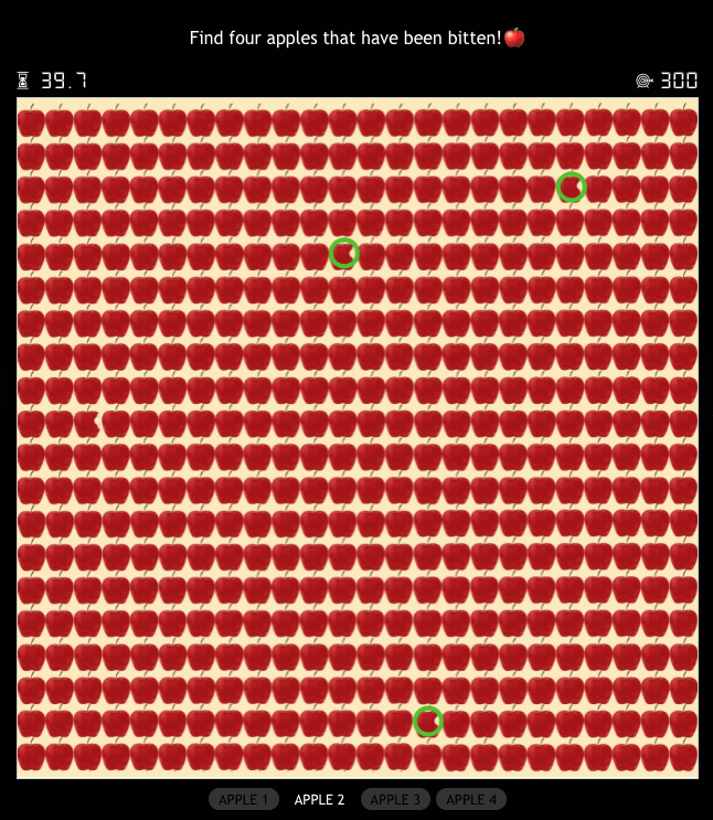 Hidden objects game example: find four bitten apples game