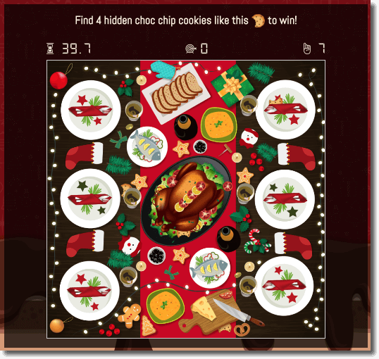 hidden objects game: example of a christmas game where users look for four hidden cookies