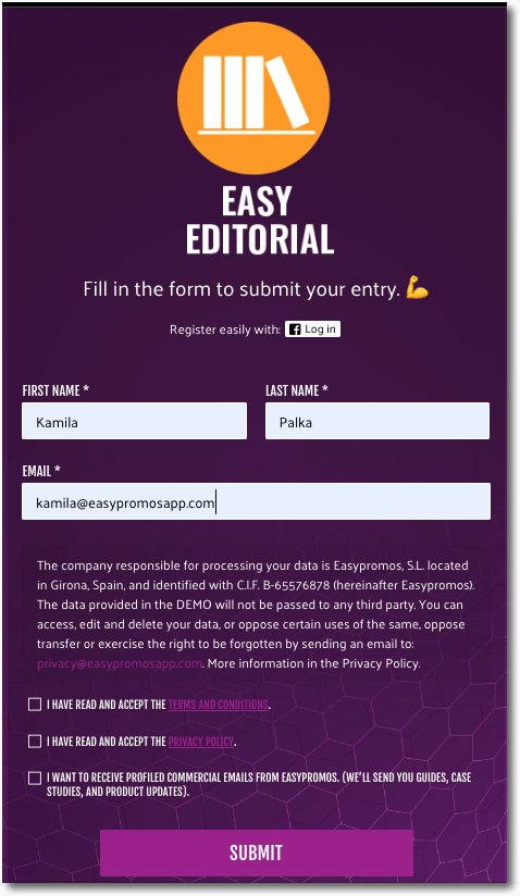 Entry form match It game by Easypromos