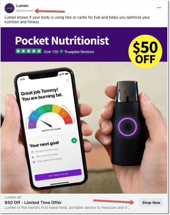 Facebook ads example, showing how to promote you online campaign 