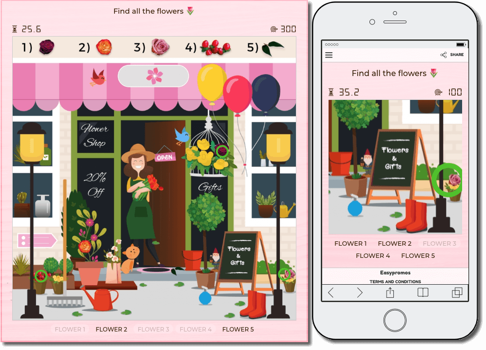 hidden objects game example of a mother's day promotion organized by a florist. users look for hidden flowers