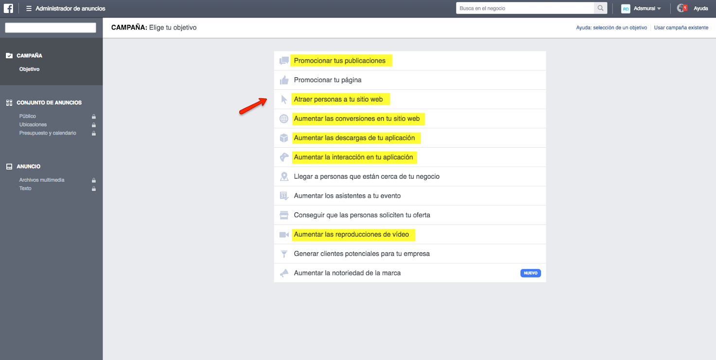Objetivos publicidad Instagram