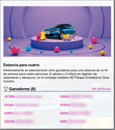 página ganadores premio sorteo online centro comercial