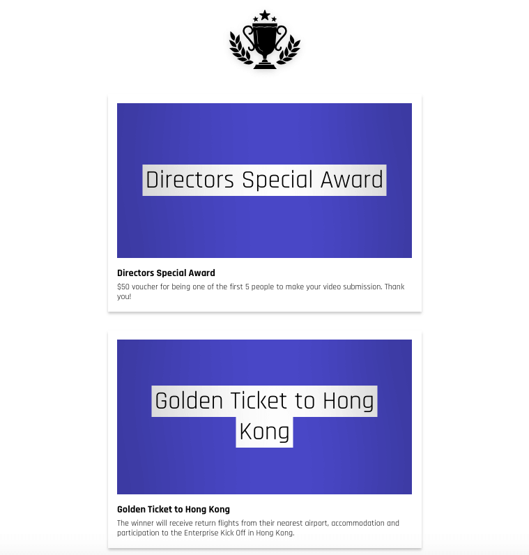 Winners page from the video contest. No winners have been selected yet, but the page displays the details of the Directors Special Award and the Golden Ticket to Hong Kong.